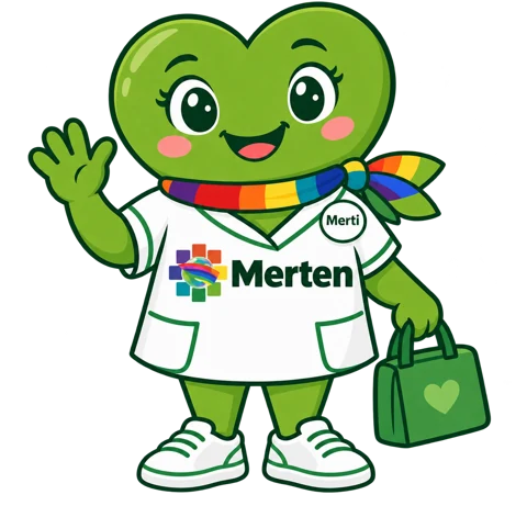 Merti, das Maskottchen des Pflegedienstes Merten, winkt zur Begrüßung